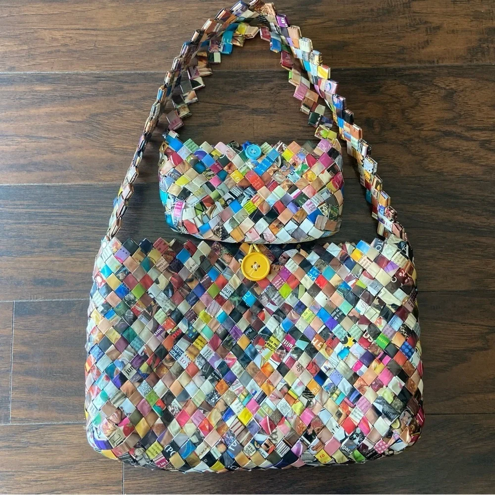 Two Recycled Colorful Woven Wrapper Bags- One Big & One Small Handbag - Picture 1 of 16